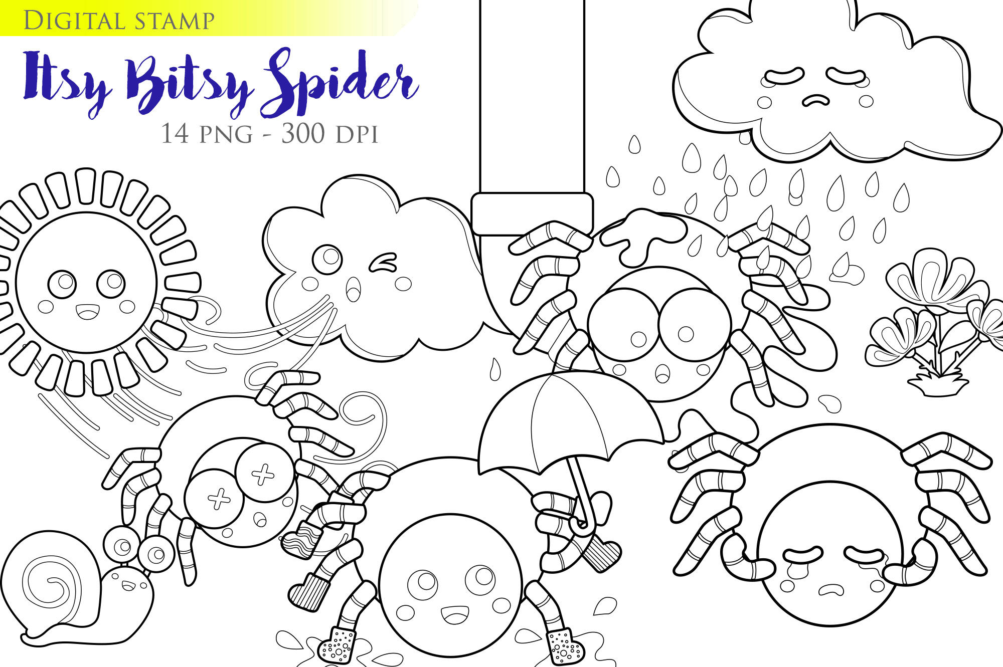 Itsy bitsy spider rhymes classic bedtime story kids scrapbook digital stamp