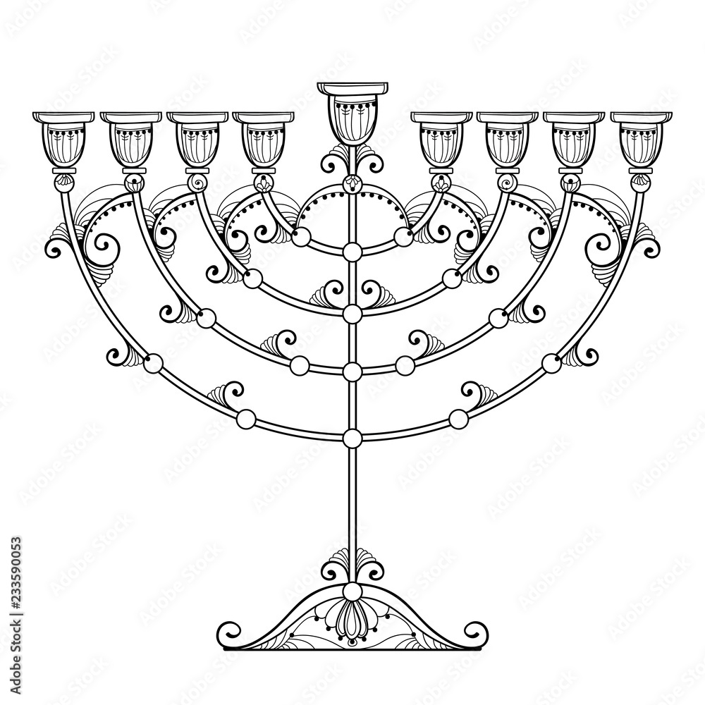 Vector drawing of outline hanukkah menorah or chanukiah candelabrum in black isolated on white background ornate contour chanukah menorah for jewish holiday design and coloring book vector