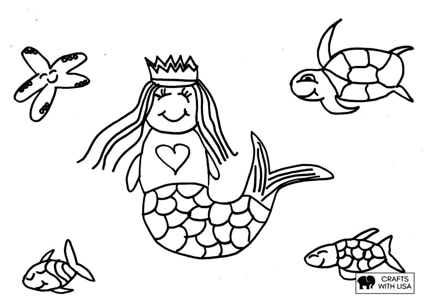 Mermaid with animals coloring page
