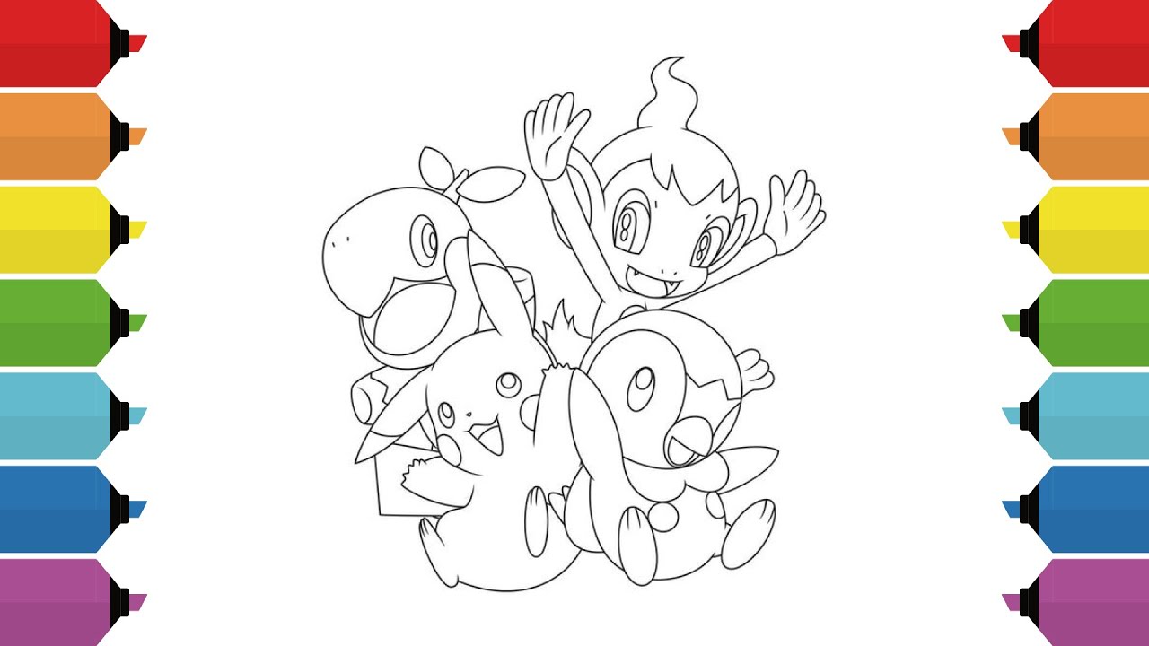 Coloring pokãon pikachu chichar piplup and turtwig coloring page i colouring videos