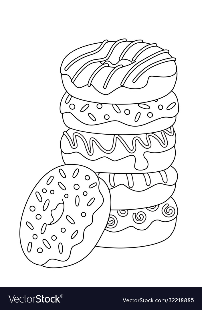 Doodle coloring book page donut pile sweets vector image
