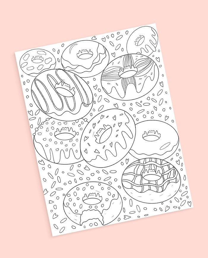 Sweet donuts pastry food coloring page free instant digital download