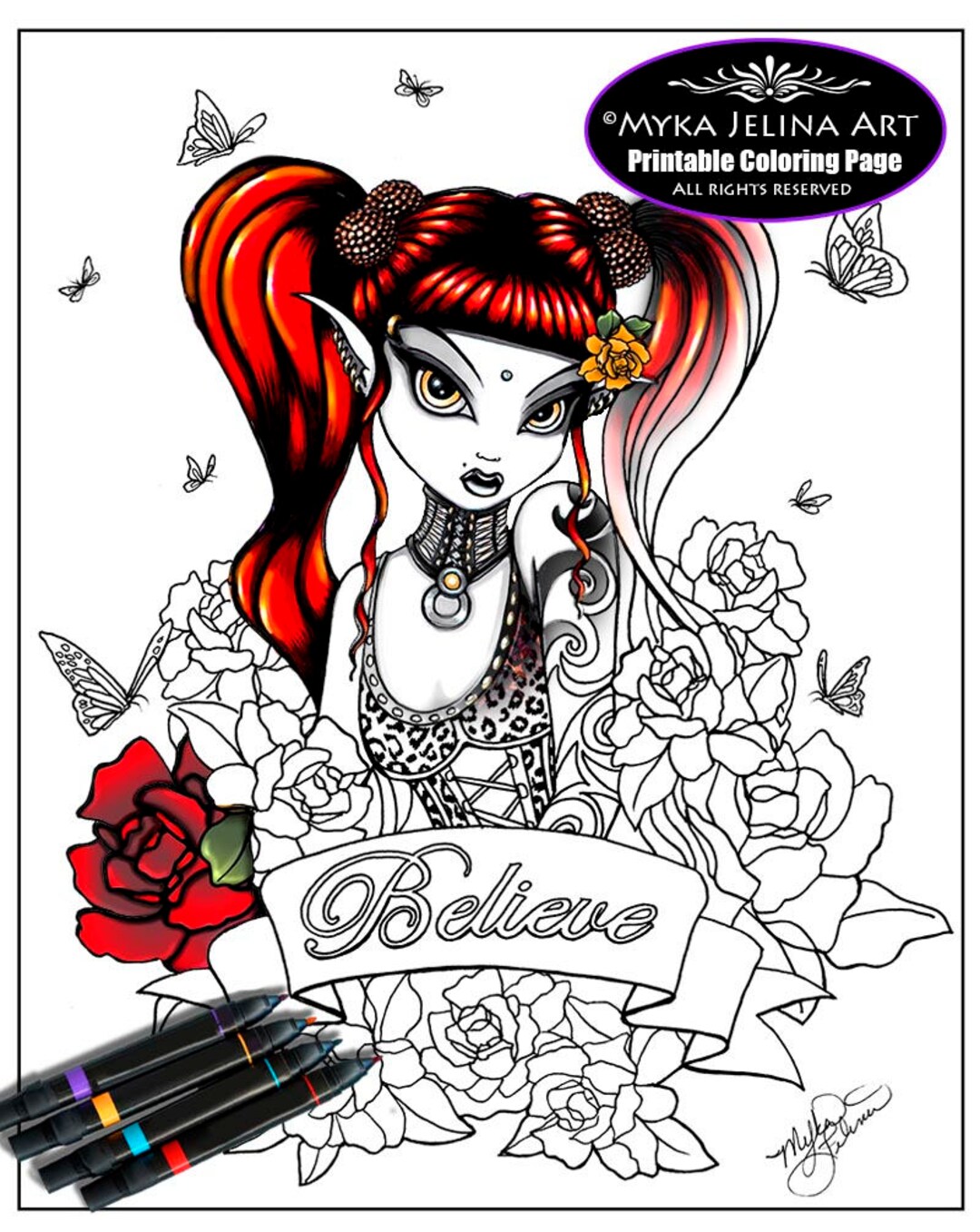 Terra rose gothic fairy digital download coloring page line art myka jelina roses believe fae tattoos butterflies