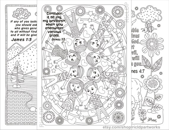 Three bible coloring pages verses from the book of james landscape mountain scene flowers cute kids doodles digital download