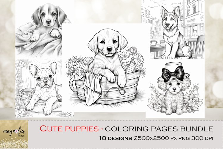 Cute puppies kids coloring pages bundle