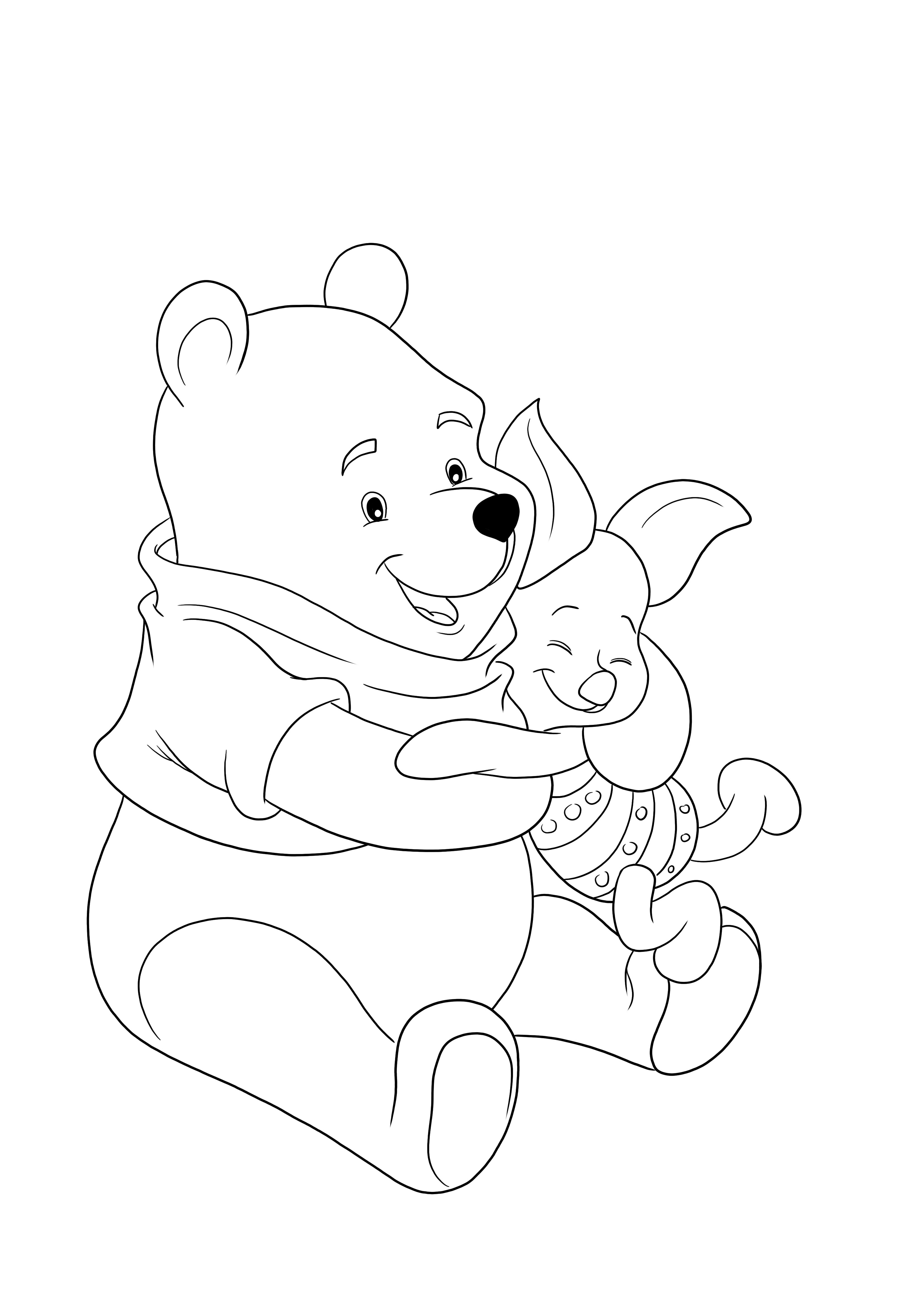 Coloring page of cute winnie and piglet hugging free to print or download