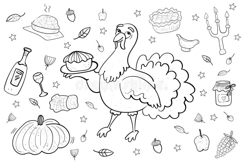 Large set of cute turkey and pie and pastries fruits coloring page holiday thanksgiving vector illustration stock vector