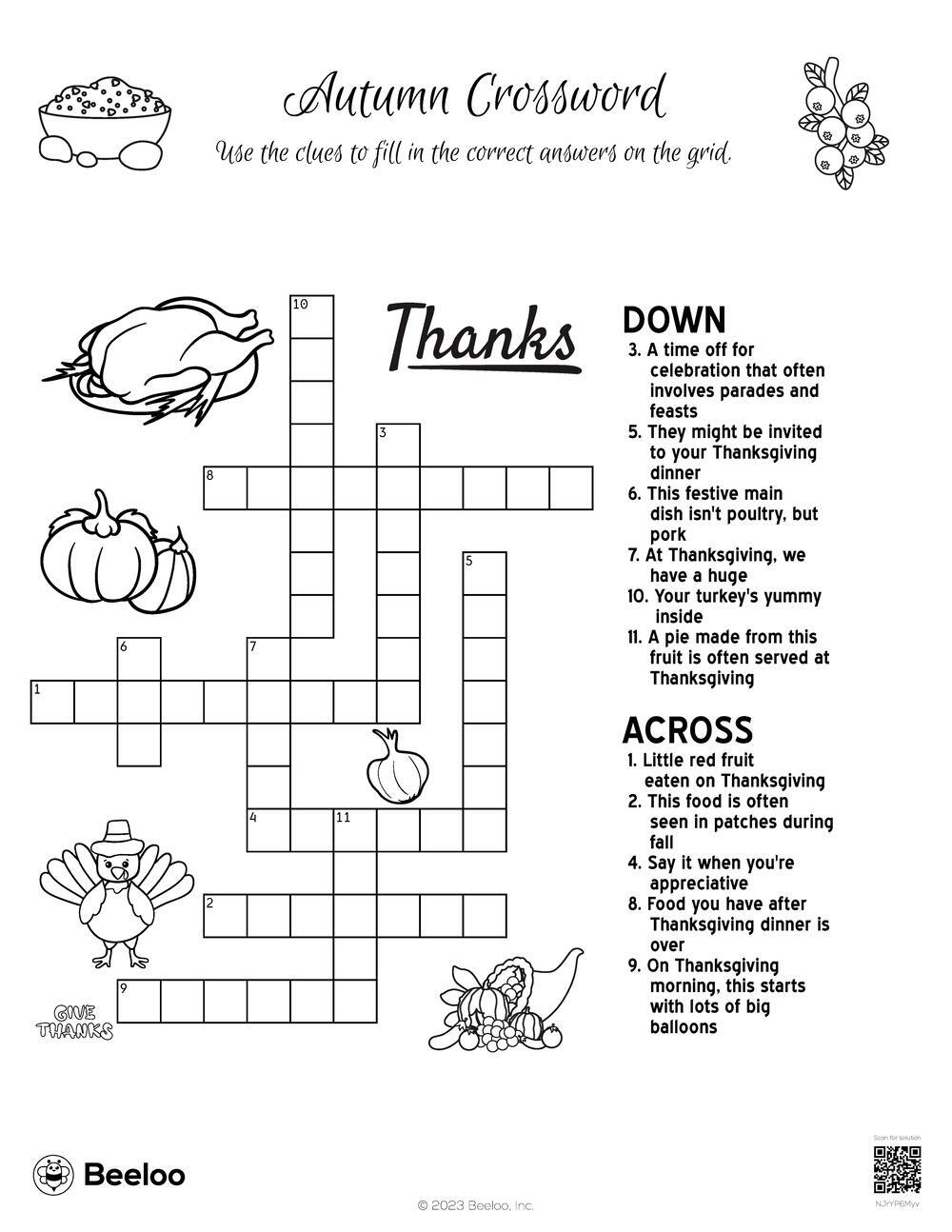Autumn crossword â printable crafts and activities for kids