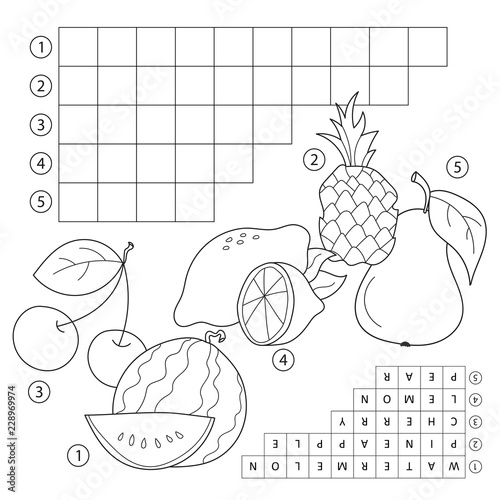 Crossword puzzle game with fruits educational page for children for study english words vector cartoon image and coloring book vector