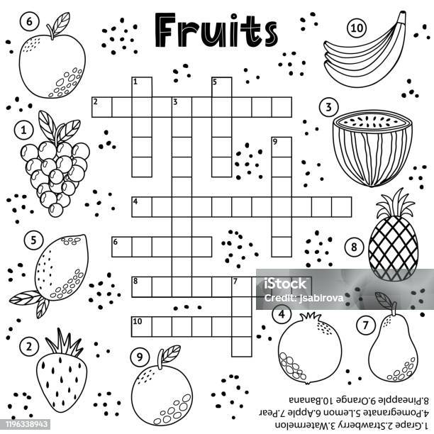 Black and white crossword puzzle game with fruits for kids stock illustration