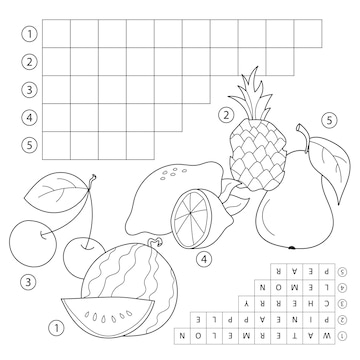 Premium vector crossword puzzle game with fruits educational page for children for study english words vector cartoon image and coloring book