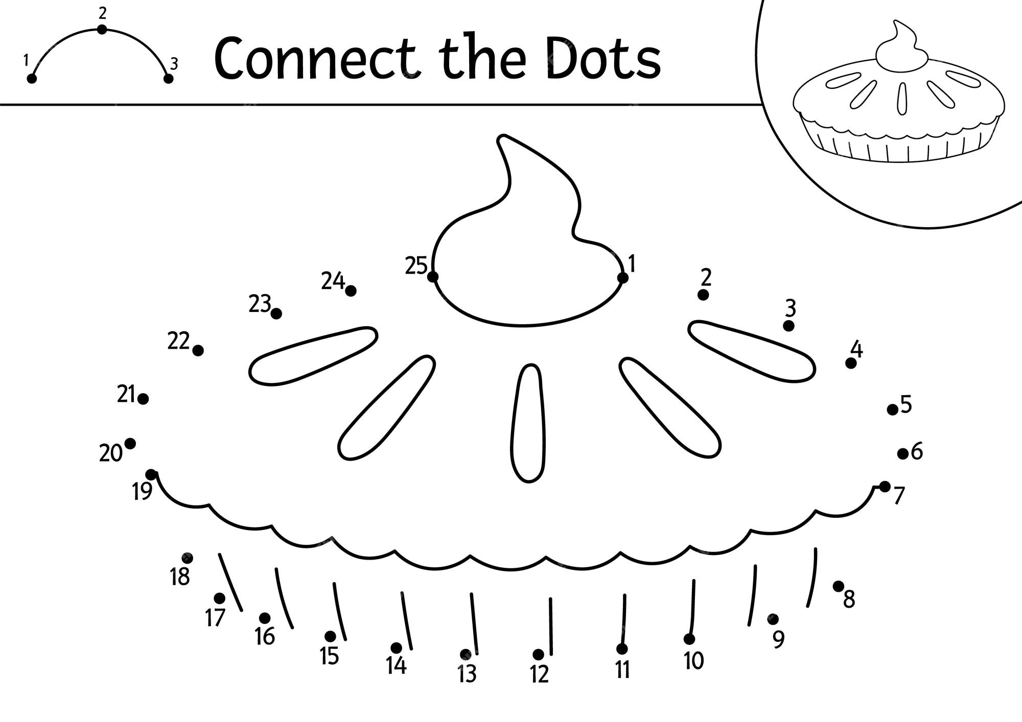 Premium vector vector dottodot and color activity with pumpkin pie thanksgiving connect the dots game for children with traditional food coloring page for kids autumn holiday printable worksheetxa
