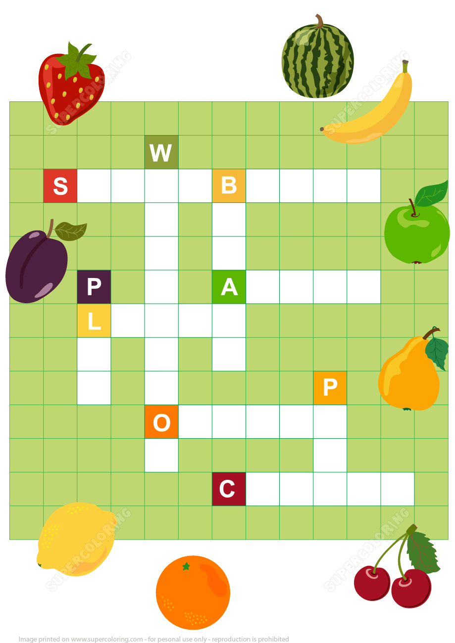 Fruits crossword for children free printable puzzle games