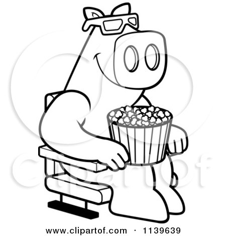 Cartoon clipart of a black and white happy pig with popcorn at the movie theater