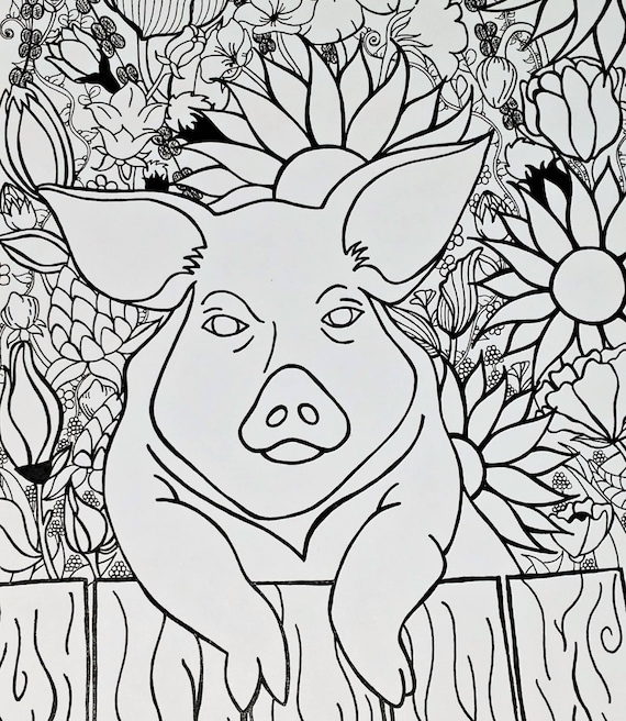 Pig and flowers printable coloring page pig coloring page digital download adult coloring page zentange coloring pig art print