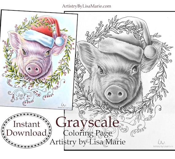 Christmas coloring page pig and wreath coloring pages for adults holiday decor printable coloring book pdf artistry by lisa marie