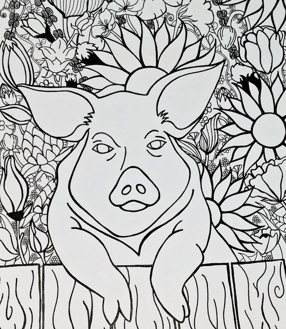 Pig and flowers printable coloring page pig coloring page digital download adult coloring page zentange coloring pig art print