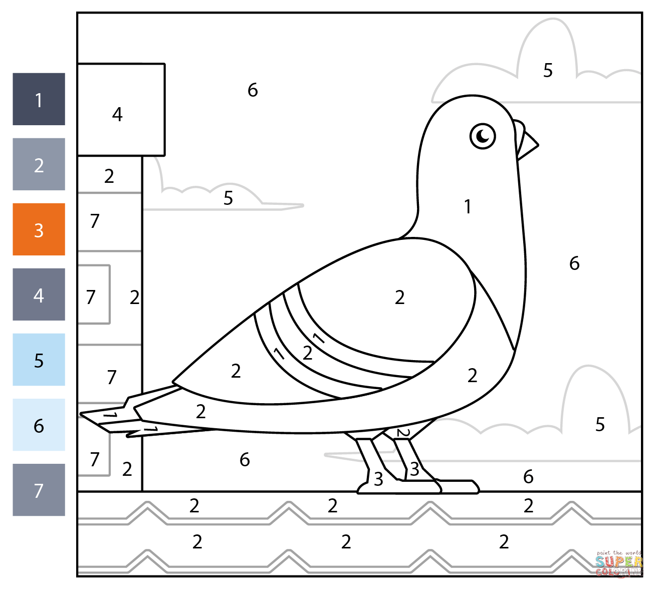 Pigeon bird color by number free printable coloring pages
