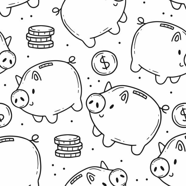 Black and white cartoon piggy bank stock illustrations royalty