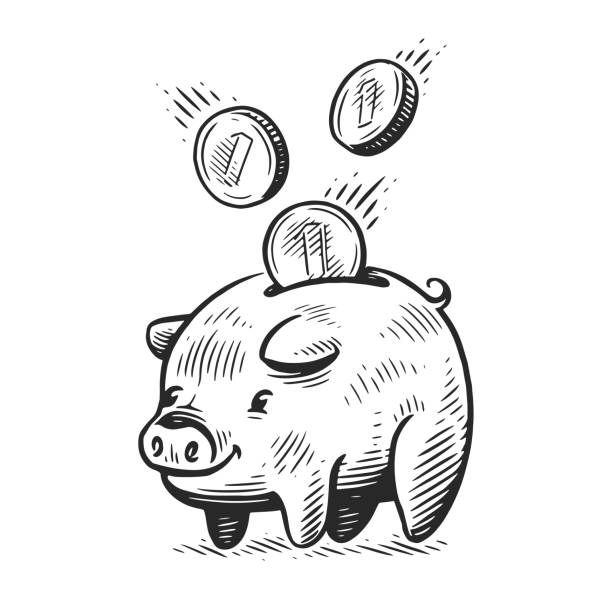 Black and white cartoon piggy bank stock illustrations royalty