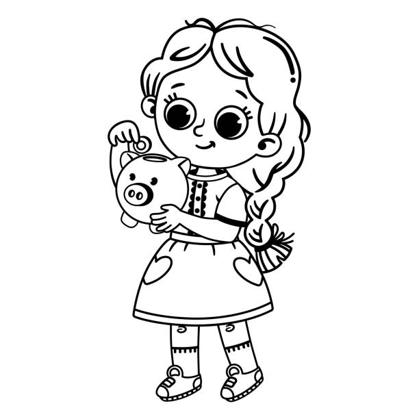 Black and white cartoon piggy bank stock illustrations royalty