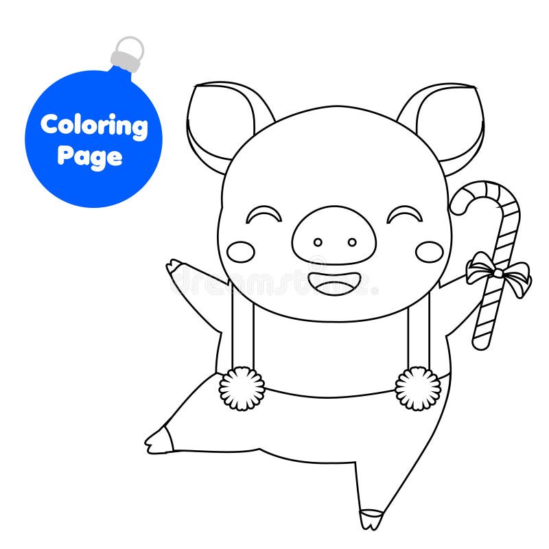Coloring page new year pig holding candy cane educational children game drawing kids printable activity stock vector