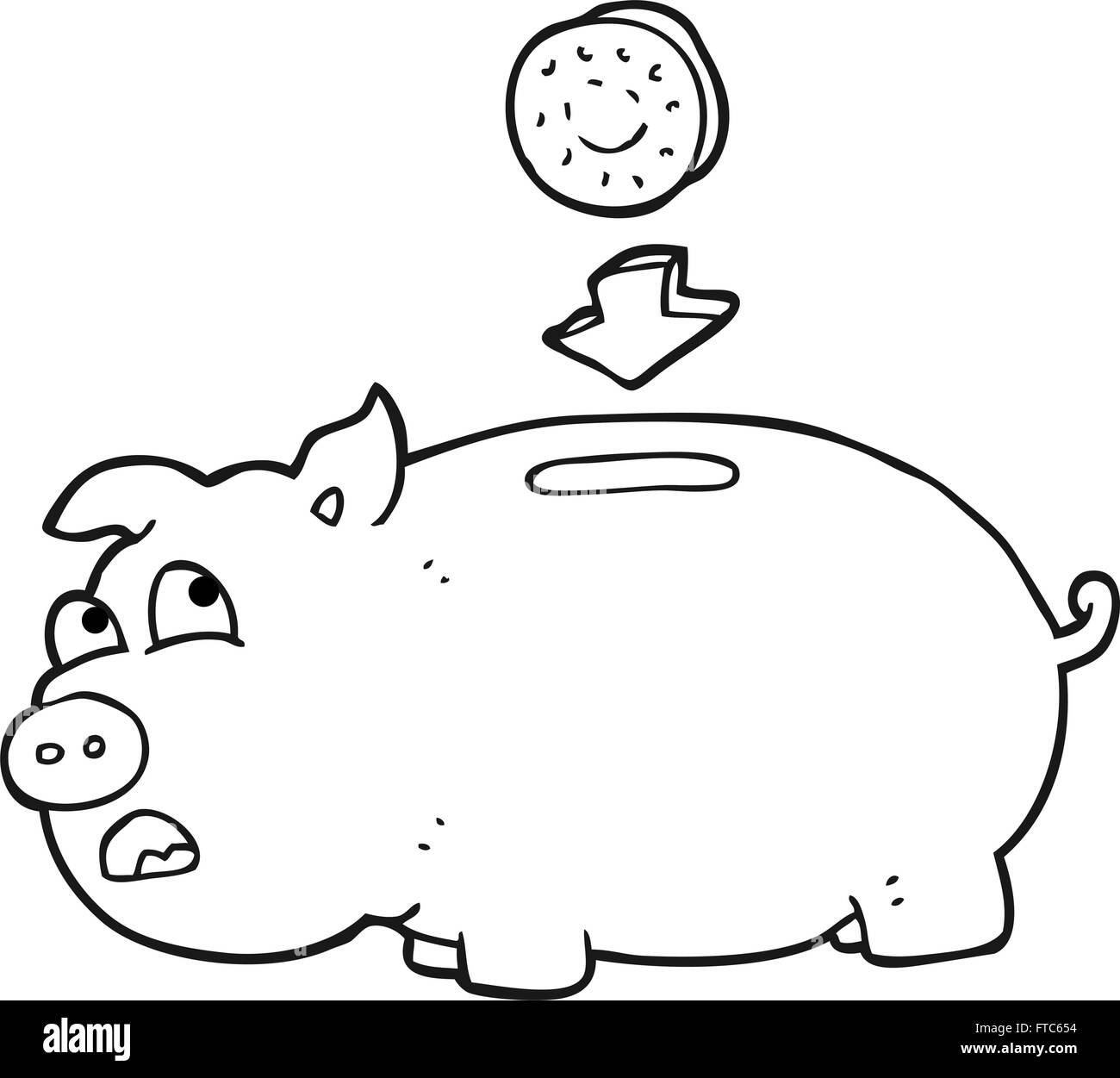 Freehand drawn black and white cartoon piggy bank stock vector image art