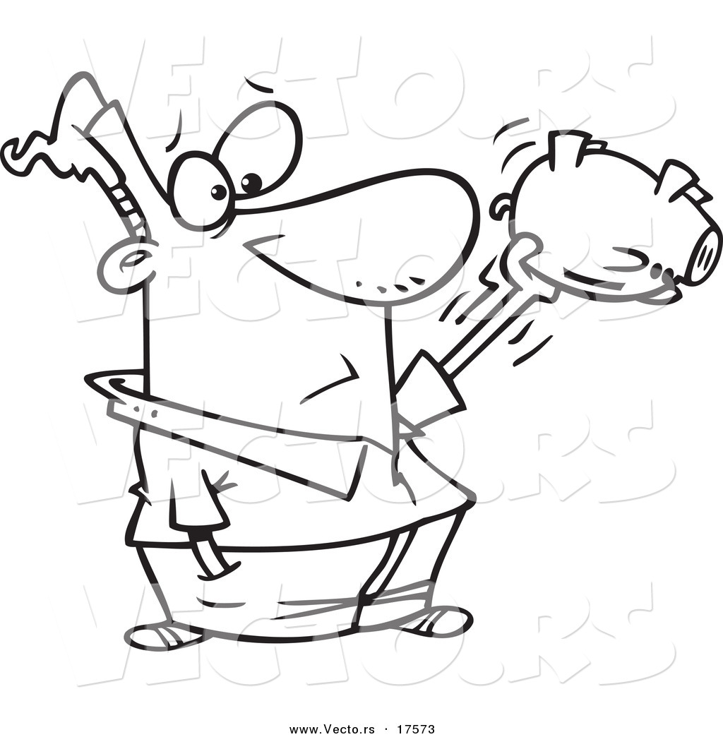 R of a cartoon man shaking his empty piggy bank