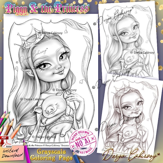 Piggy the princess grayscale coloring page original hand drawn big eyed cute illustration printable download pdf derya cakirsoy