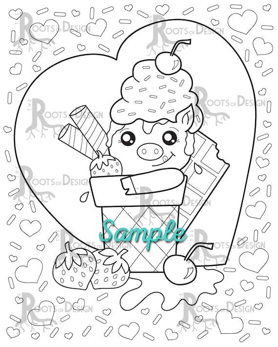 Instant download coloring page piggy sweetness with ice cream doodle art printable