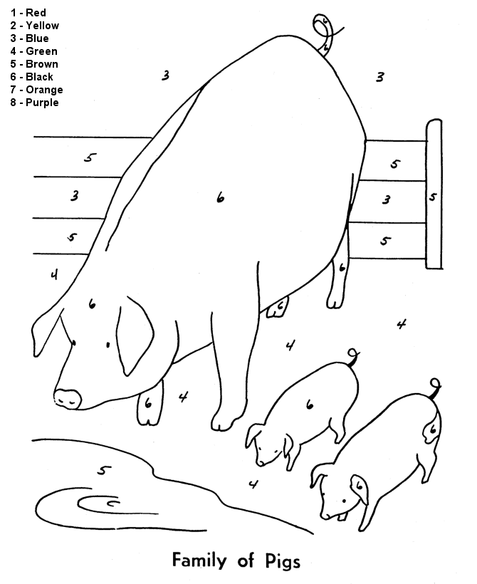 Color by number coloring page easy beginner follow the color numbers mother pig and piglets coloring page activity sheet