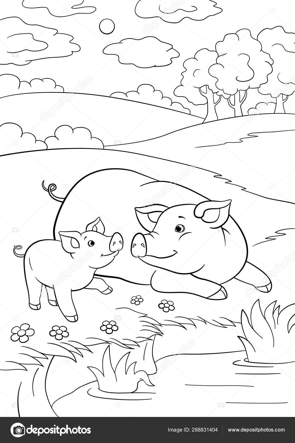 Coloring pages mother pig with her little cute piglet near the pond stock vector by ya