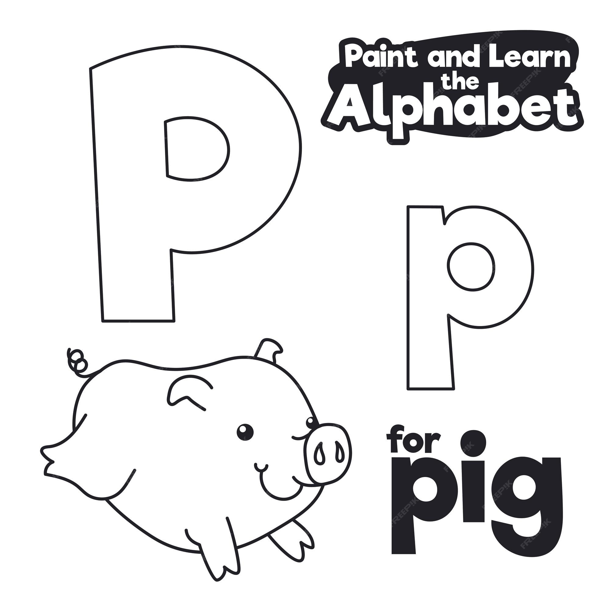 Premium vector pig jumping and running with letter p majuscule and minuscule for easy learning of the alphabet