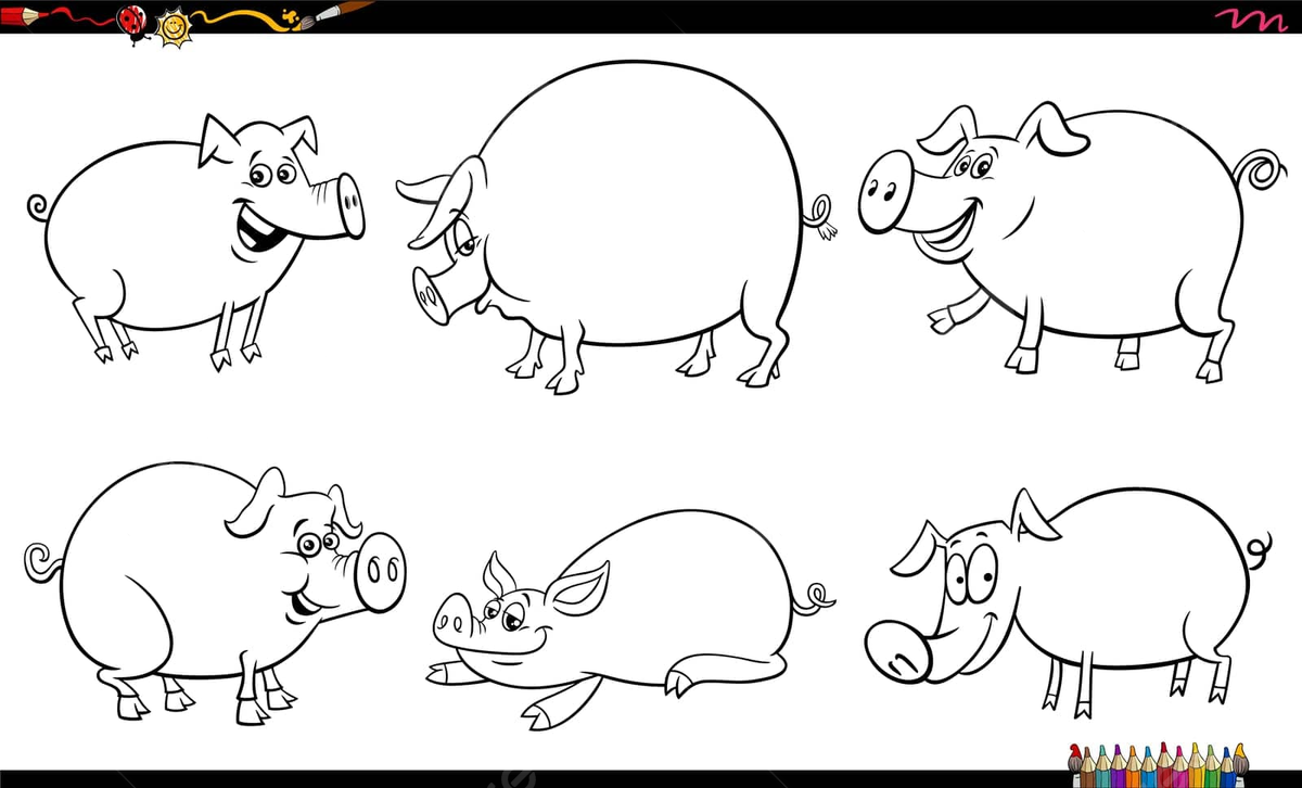 Coloring page set featuring cartoon farm animal characters pigs galore vector design graphic farm png and vector with transparent background for free download