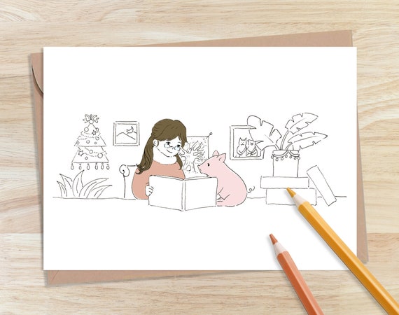 Printable cute piglet and a girl coloring card instant download coloring page cute animal coloring book animal illustration for kid