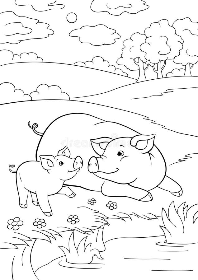 Coloring pages mother pig with her little cute piglet near the pond stock illustration
