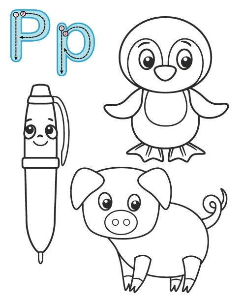 Letter p pen penguin pig vector coloring book alphabet printable coloring page for kindergarten and preschool stock illustration
