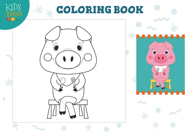 Premium vector copy and color picture exercise funny cartoon pig with neck napkin for drawing mini game