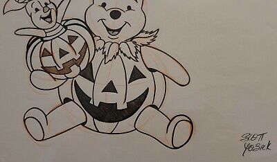 Mint halloween winnie piglet disney art original animation drawing by yosick