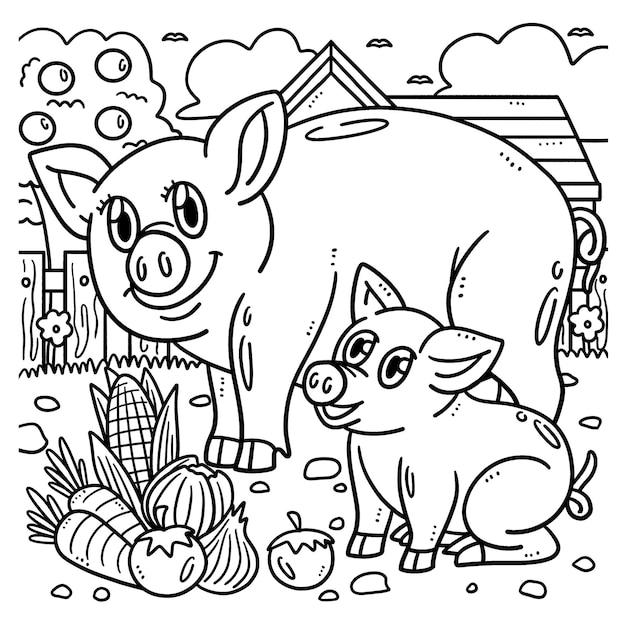 Premium vector mother pig and piglet coloring page for kids