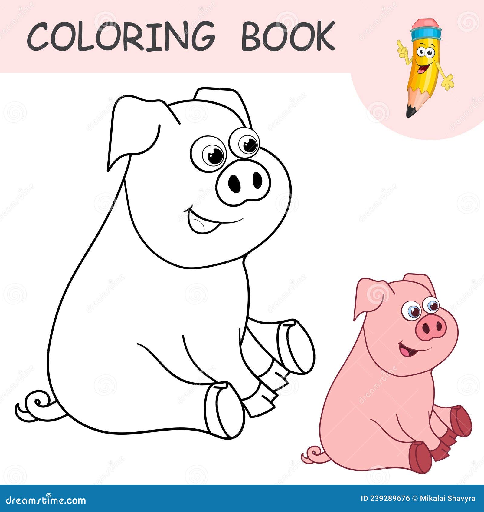 Coloring book with fun character piglet colorless and color samples pig or piggy on coloring page for kids stock vector