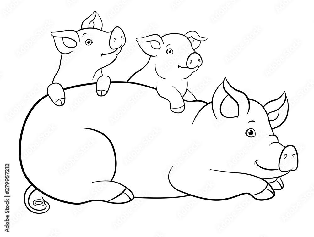 Coloring pages mother pig with her two little cute piglets vector