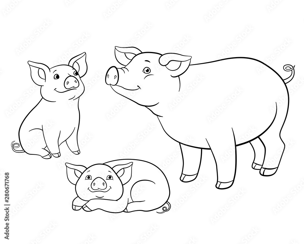 Coloring pages mother pig with her two little cute piglets vector