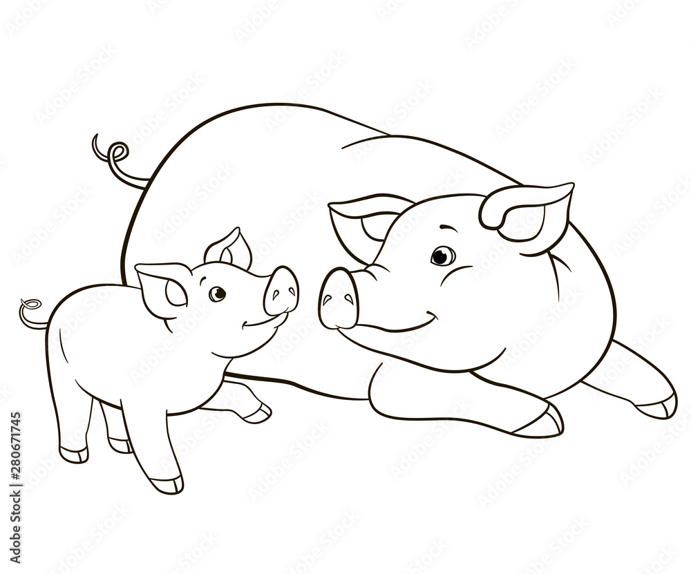 Coloring pages mother pig looks at her little cute piglet vector