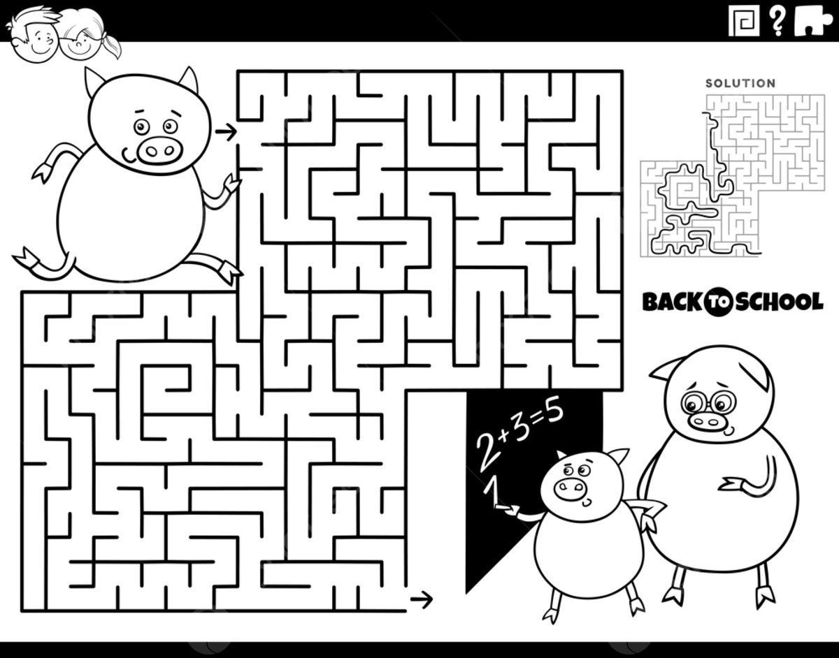 Black and white cartoon illustration of educational maze puzzle game for children with piglet pupil running to school coloring book page template download on
