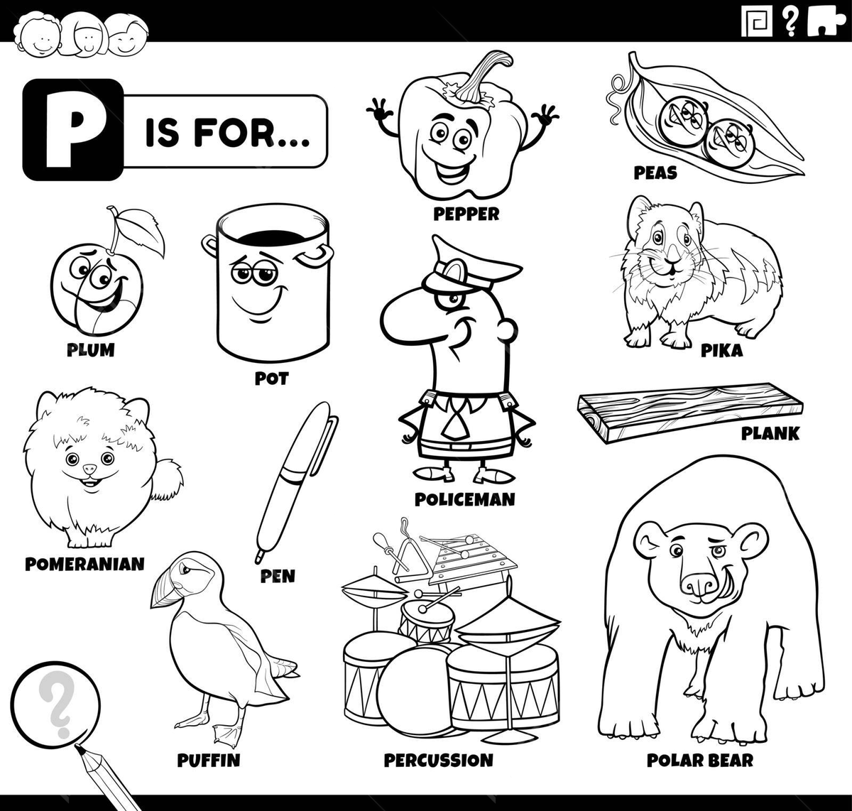 Coloring book page with educational set of words starting with letter p vector cat drawing book drawing star drawing png and vector with transparent background for free download