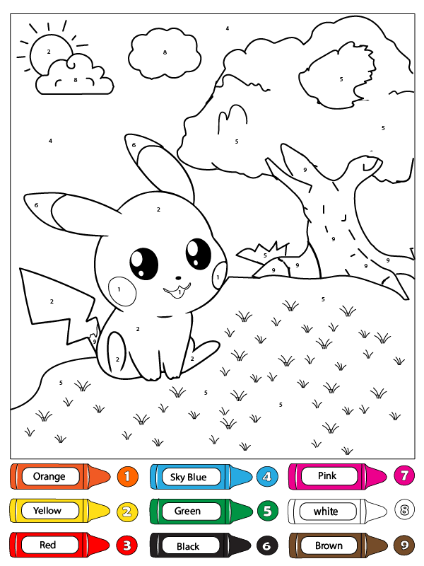 Cute pikachu color by number fãrbung seite