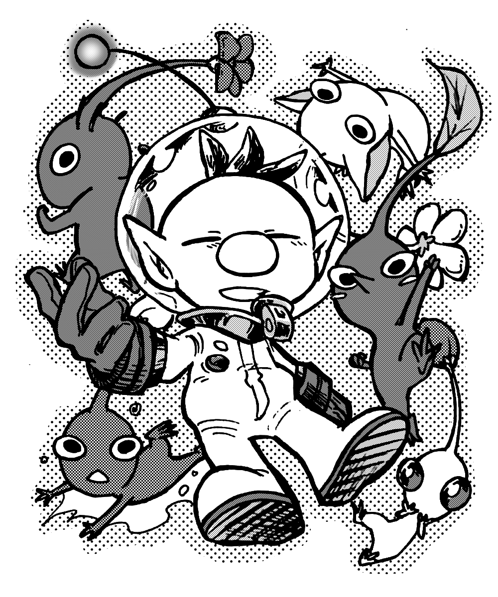 Blue pikmin olimar purple pikmin red pikmin white pikmin yellow pikmin nintendo pikmin series pikmin creature mentary highres boy alien arm up big nose blush stickers bud buttons clenched hands closed eyes