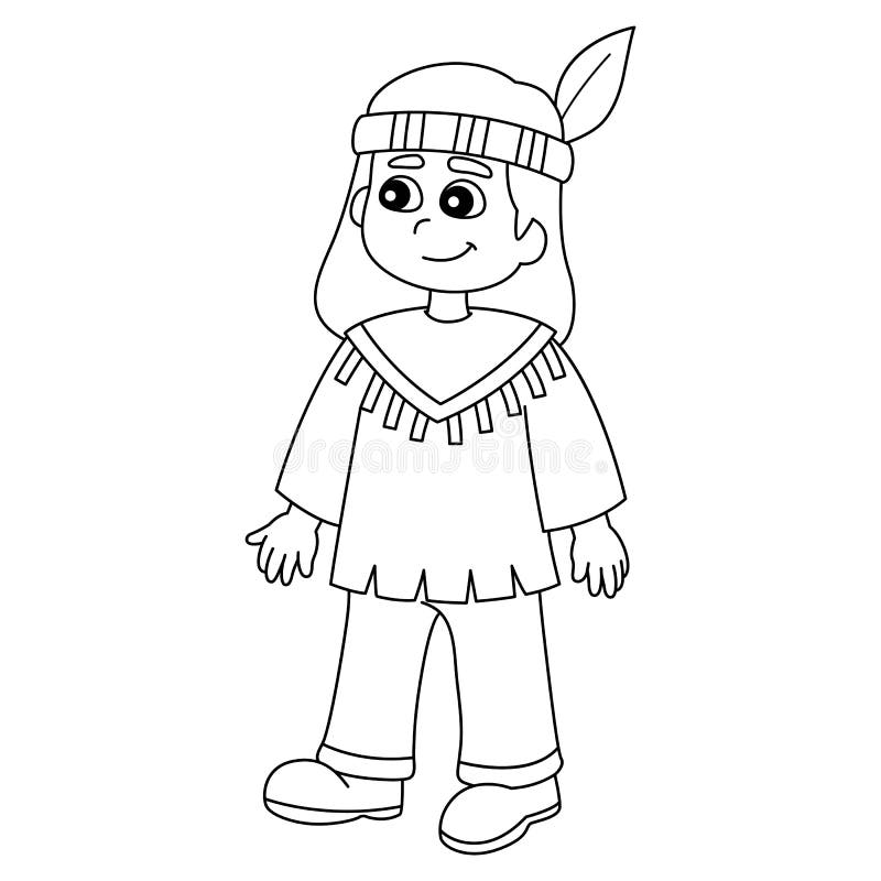 Thanksgiving pilgrim native boy isolated coloring page stock vector