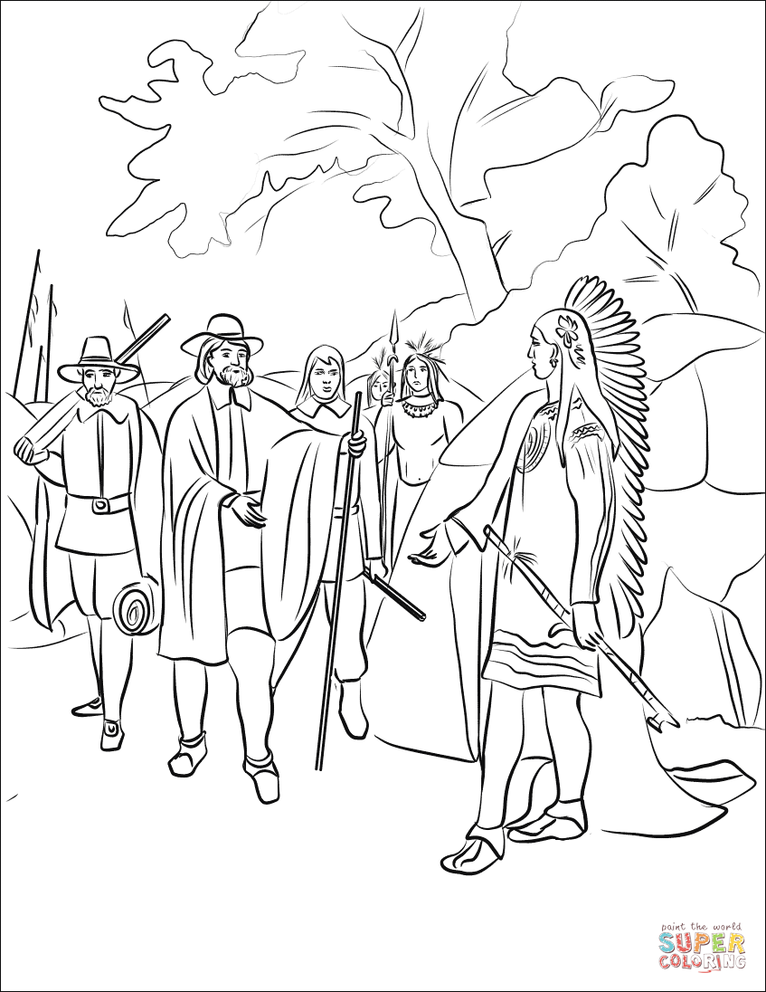 Wampanoag indian chief massasoit visited by governor edward winslow coloring page free printable coloring pages